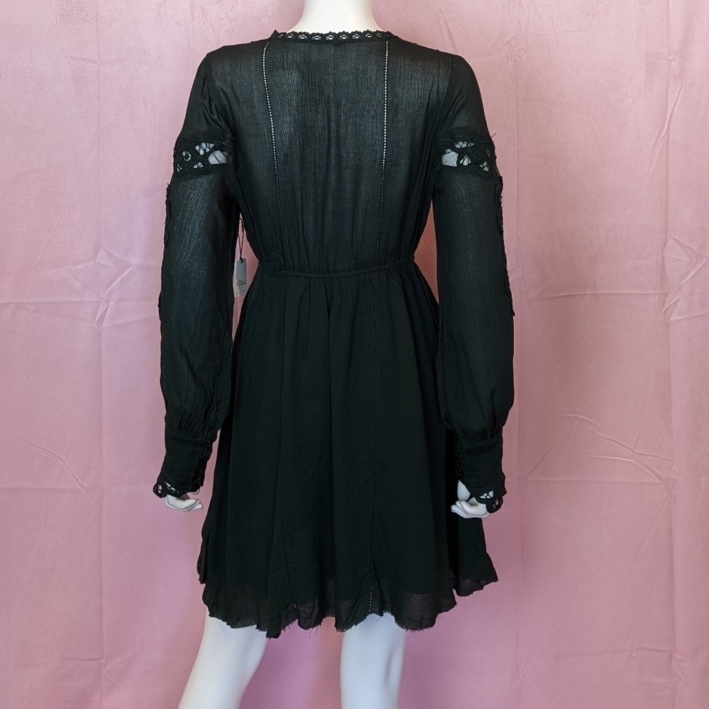 Free People Black Lace Button Bodice Long Sleeve Mini Dress size XS - Picture 4 of 9